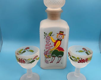 Hazel Atlas frostat glaskaraff med rödvin, handmålad vintage-design för folkkonst