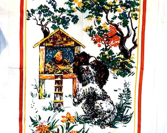 Linen Tea Towel Adorable Vintage Dog, Rooster, Hen House Country Design