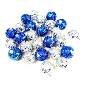 MCM Glass Mirror Ball Ornaments, Blue & Silver Hand Tiled, Vintage Christmas Decorations