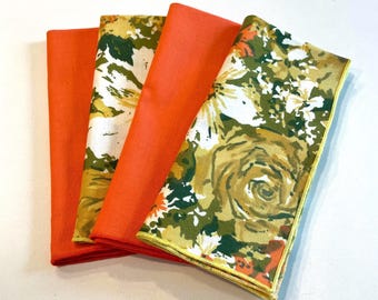 Vintage Set of Four (4) Napkins, Two Retro Floral and Two Coordinating Orange, Fun and Colorful Set to Add to Your Table!