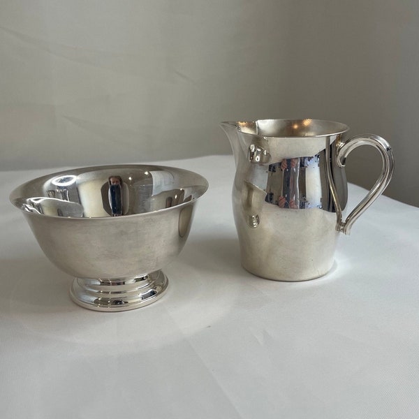 Paul Revere Reproduction Silverplate Creamer and Open Sugar Cubes, entertaining tea party coffee set, classic elegant design