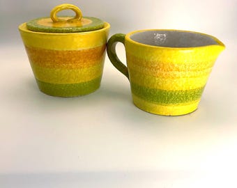 Vintage Italian Creamer and Sugar Set: MCM Yellow, Green Orange Striped Ceramic