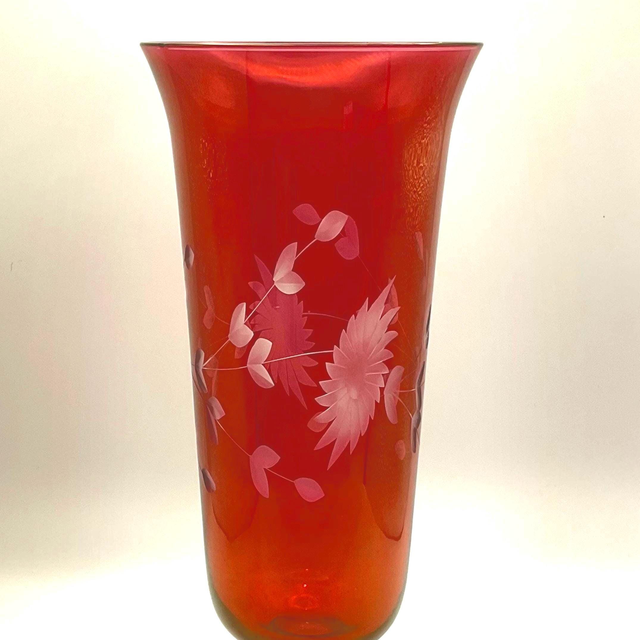 Ruby Cut To Clear 10" Floral Design Vase With Pedistal, Vintage