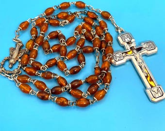 ヴィンテージの琥珀と銀のビーズのロザリオ、イタリア製のカトリックの祈りの数珠