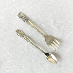 Vintage Wm Rogers & Son Victorian Rose Baby Spoon and Antique Community Plate Engraved Child Fork, Baby Cutlery Flatware