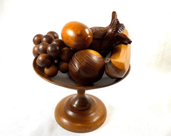 MCM Hand Carved Fruits in a Variety of Woods Creating Beautiful Natural Colors in Pedestal Bowl, Perfect Decor for Dining, Living Room Etc!