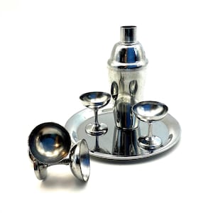 Miniatuur cocktailshaker set in art deco-stijl, chroom, bezet Japan, poppenhuisdecoratie
