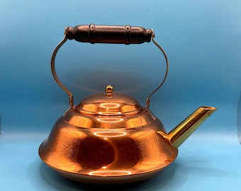 Copper Teapot Kettle, Wood Handle, Vintage Coppercraft Guild Country Farmhouse Decor
