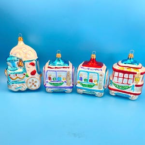 Vintage Kurt Adler North Pole Express Glass Ornaments: 4 Piece Santa Engine, Gift Cars, Caboose