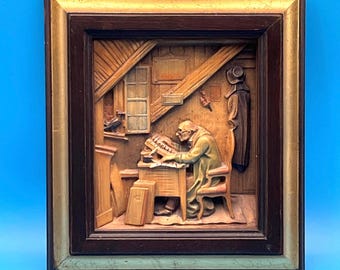 "Holzrelief ""Der Besuch"" Gemälde von Carl Spitzweg, Vintage ARNI Artisan Art, Schweiz."