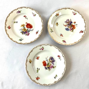 Antique Saxe Austria Handpainted Porcelain Salad Plates, Vibrant Floral, Gold Gilding with Green Crown Mark to Bottom