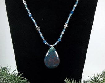 Handmade Blue/Brown Dragon Vein AgateTeardrop Pendant with Blue Dragon Vein & Glass Beaded Necklace