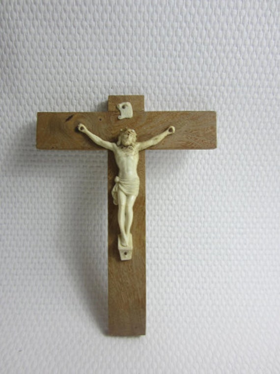 Magnifique Français Crucifix Vintage/Jésus sur La Croix en Bois.