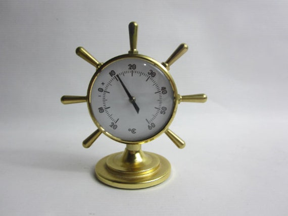 Magnifique Thermomètre en Laiton Massif Forme de Roue Bateau. Fabriqué France.