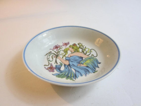 Superbe Français Bol Vintage en Porcelaine avec Une Image de Femme.