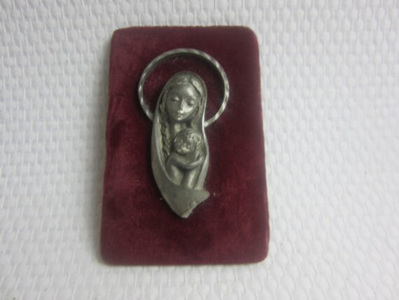 Superbe Français Plaque d'étain Vintage de Marie et Jésus sur Fond Velours.