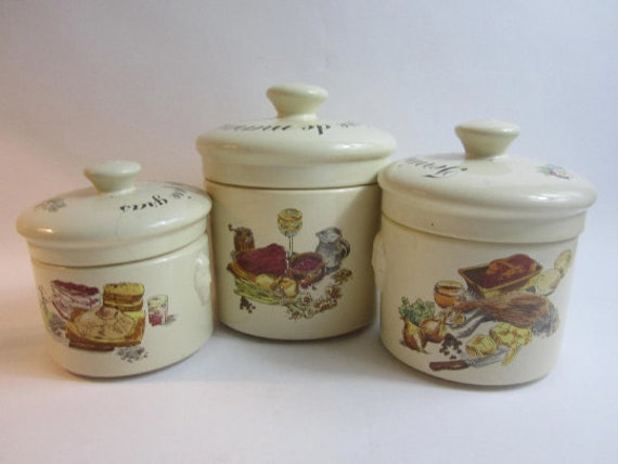 Superbe Français Ensemble Vintage de Trois Pots d'ustensiles Cuisine en Porcelaine.