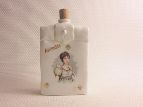 Superbe Français Carafe Anisette Vintage en Porcelaine avec Une Image de Femme sur Le Devant. Estamp