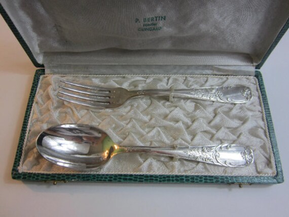 Superbe Français Fourchette et Cuillère Plaquées Argent Vintage Dans Une Boîte d'origine.