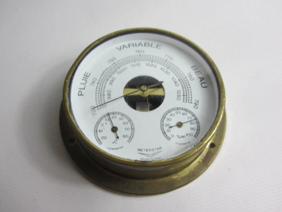 Beau Baromètre/Thermomètre Hygromètre Vintage en Laiton et Verre. Fabriqué France.
