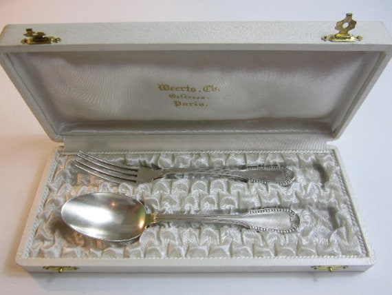 Superbe Français Fourchette et Cuillère Plaquées Argent Vintage Dans Une Boîte d'origine, Fabriquée 
