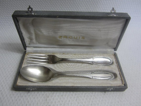 Superbe Français Fourchette et Cuillère Plaquées Argent Vintage Dans Une Boîte de Présentation Fabri