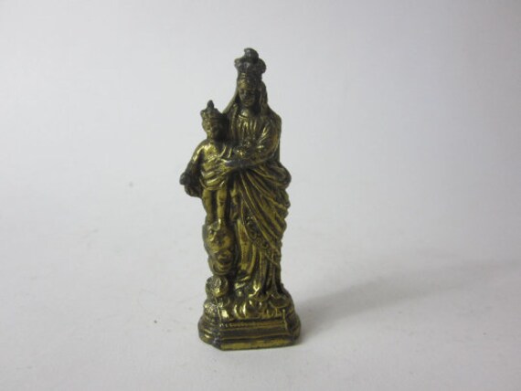 Superbe Statue en Laiton Massif Français Vintage Représentant Marie et Jésus.