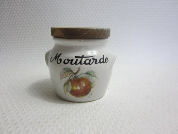 Superbe Pot/De Moutarde Vintage Français Moutarde' en Porcelaine avec Un Couvercle Bois.