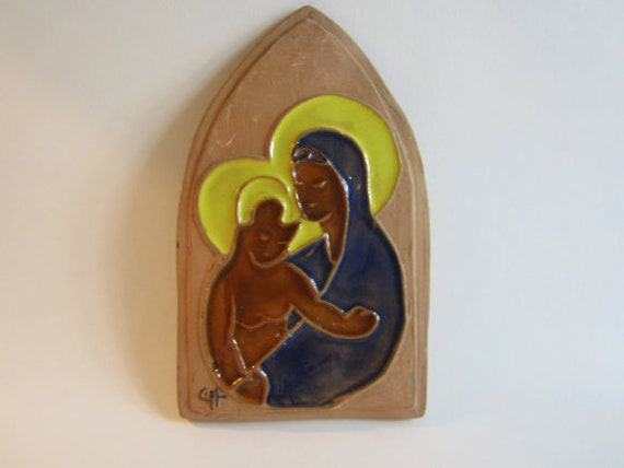 Superbe Français Plaque Vintage Faite à La Main Représentant Vierge Marie avec L'enfant Jésus, d'arg