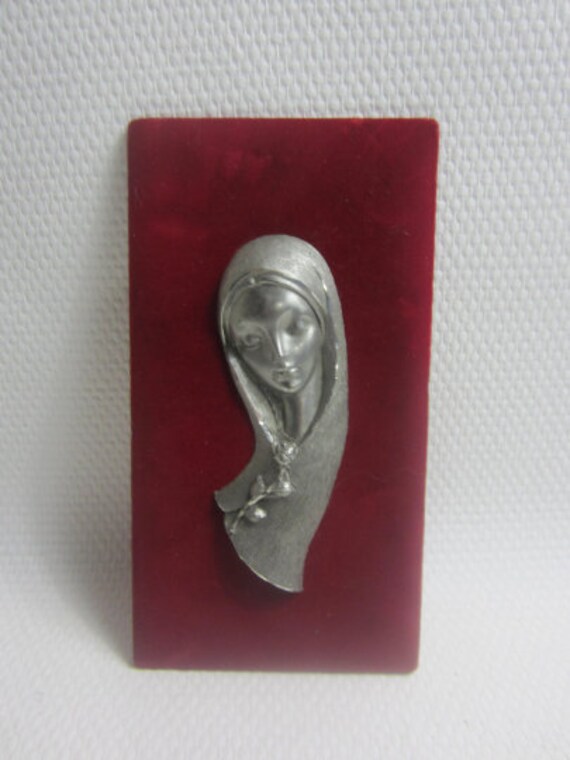 Superbe Français Plaque Vintage de La Vierge Marie en Étain et Velours.