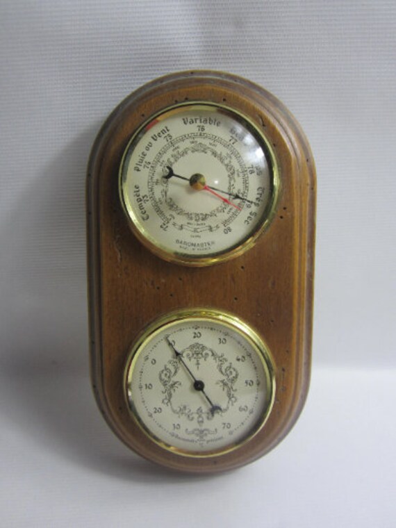 Superbe Baromètre/Thermomètre Vintage Français en Bois Laiton et Verre. Fabriqué France.