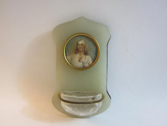 Superbe Français'étau Religieux Vintage en Onyx et Verre avec Une Image de Jésus.