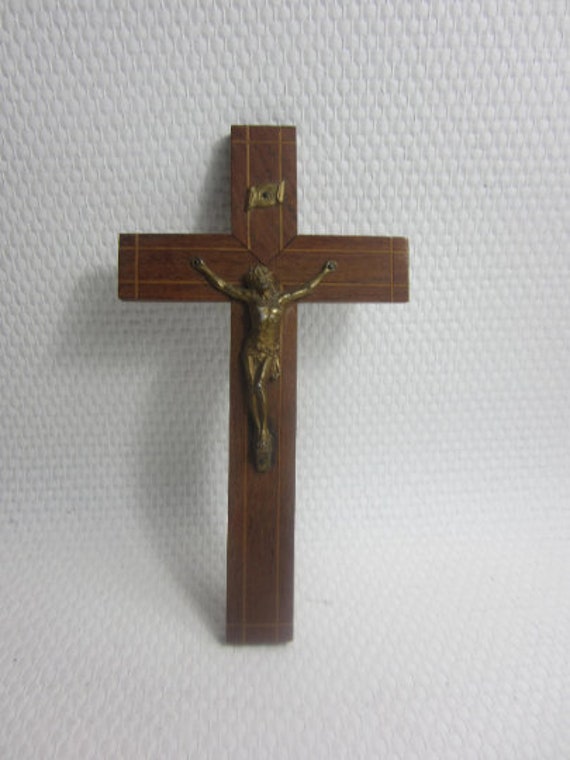 Magnifique Français Crucifix Vintage/Croix Jésus sur La en Bois et Métal.