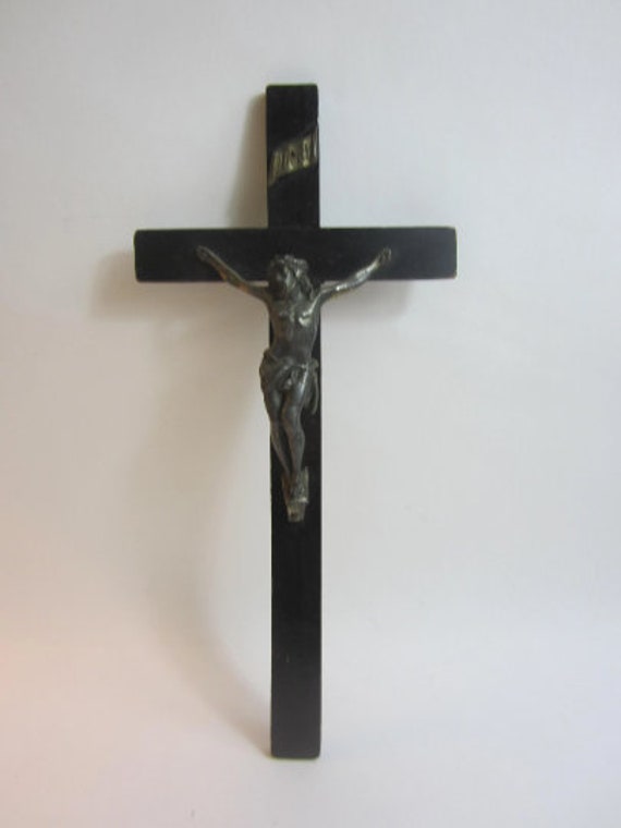 Superbe Crucifix/Croix Noir Vintage Français en Bois et Laiton.