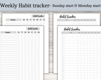 May include: Two printable habit tracker templates. The first template has a Sunday start and the second template has a Monday start. Each template has a column for each day of the week and rows for listing habits.