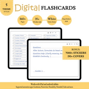 May include: Digital flashcards with a white background and a bonus of 7000+ stickers and 150+ covers. The flashcards are designed for use with iPad and Android tablets. The text on the flashcards reads "Questions: After lecture, formulate Qs based on Questions help: (Clarify meaning. Review. Establish Continuity)"
