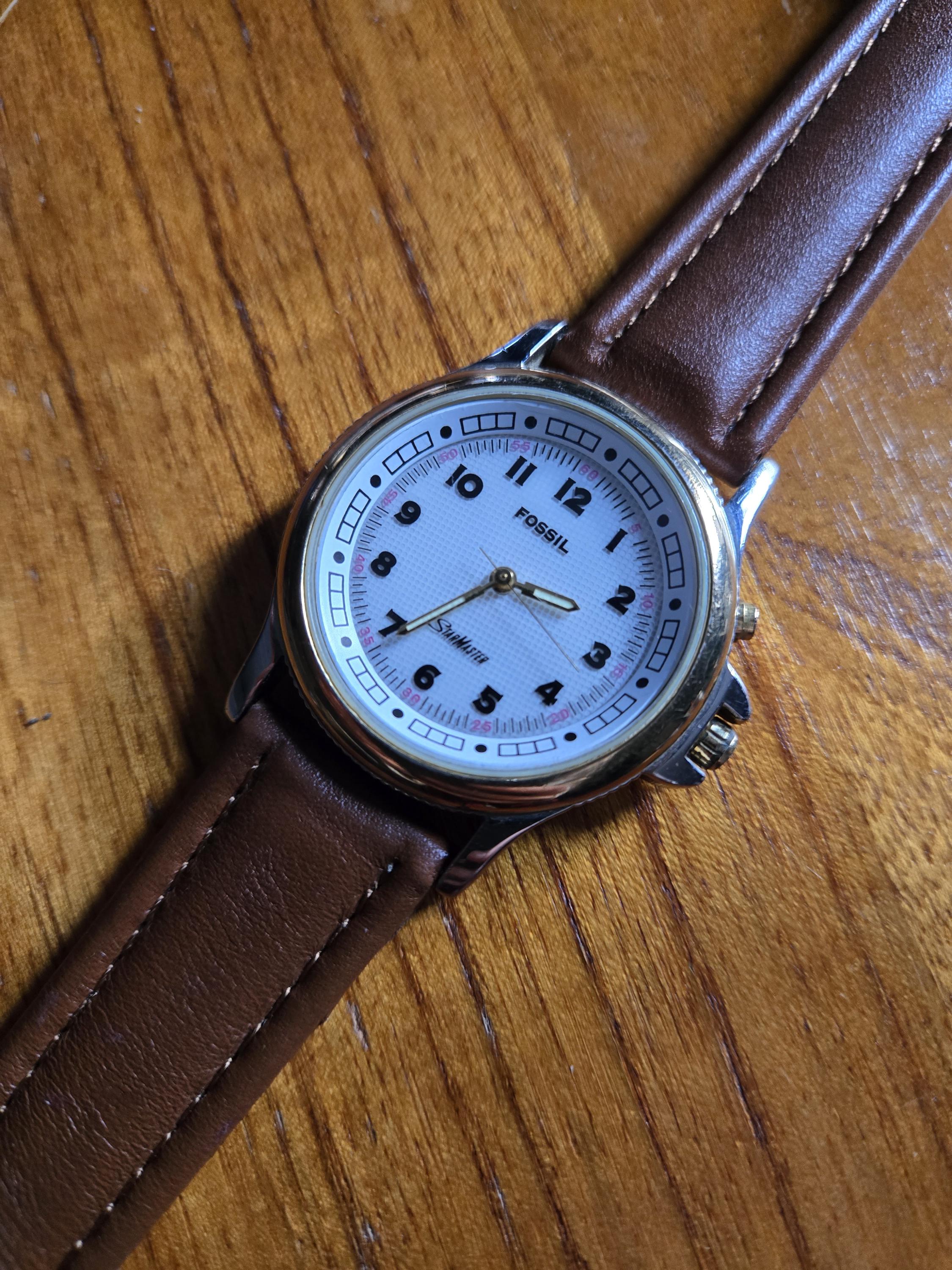 Vintage Fossil StarMaster 2 tone new tan strap Vintage Fossil Starmaster Watch Men Silver Gold Tone  main image 3