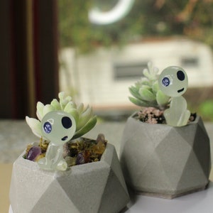 Puede incluir: Dos pequeñas plantas suculentas en macetas geométricas de hormigón gris. Cada maceta presenta una figura de espíritu clara y brillante con ojos negros. Las suculentas tienen hojas verdes y están rodeadas de pequeñas piedras.