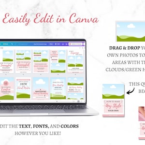 May include: A laptop screen displaying a Canva design template with a pink and green colour scheme. The template features text that says "How to Start a Successful Business" and "How to Grow Your Social Media". The template also includes a green hill and blue sky background. The text "Easily Edit in Canva" is displayed below the laptop.