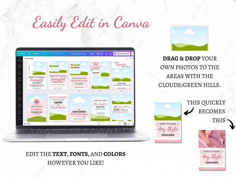 May include: A laptop screen displaying a Canva design template with a pink and green colour scheme. The template features text that says "How to Start a Successful Business" and "How to Grow Your Social Media". The template also includes a green hill and blue sky background. The text "Easily Edit in Canva" is displayed below the laptop.