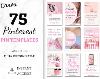 75 Pink Pinterest Templates Canva: Customizable Blogger Pin Designs (Digital Download)
