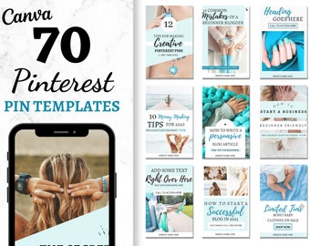 70 Pinterest Templates Canva, Blue Pinterest Templates, Fully customizable Canva templates, Pin Template, Pinterest Blogger Templates