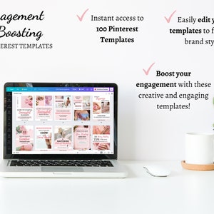 May include: A laptop computer displaying a screen with a grid of 16 pink and white Pinterest templates. The templates feature text such as "How to Start a Successful Business", "Grow Your Social Media", "Mastering Pinterest Marketing", and "12 Creative Pinterest Strategies". The laptop is on a white table with a cactus plant and a white coffee mug.