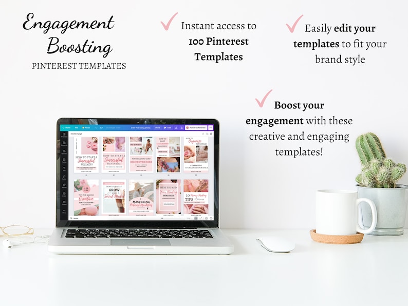 May include: A laptop computer displaying a screen with a grid of 16 pink and white Pinterest templates. The templates feature text such as "How to Start a Successful Business", "Grow Your Social Media", "Mastering Pinterest Marketing", and "12 Creative Pinterest Strategies". The laptop is on a white table with a cactus plant and a white coffee mug.