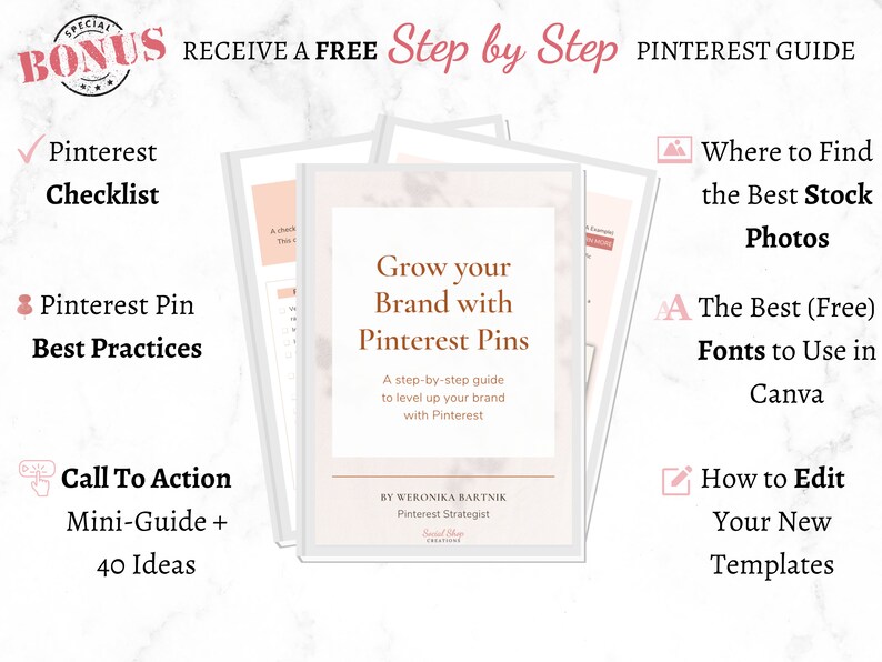 May include: A pink and white graphic with the text "Grow your Brand with Pinterest Pins" and "A step-by-step guide to level up your brand with Pinterest". The graphic also includes the text "By Weronika Bartnik, Pinterest Strategist".