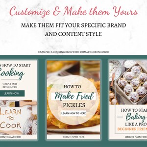 May include: Three social media post templates for a cooking blog. The first post is a light beige background with the text "Learn how to start cooking. Great for beginners. Learn now." and a photo of a wooden rolling pin and a wooden spoon on a white surface with flour. The second post is a light beige background with the text "How to make fried pickles. Learn how to here." and a photo of fried pickles. The third post is a light beige background with the text "How to start baking like a pro. Beginner friendly." and a photo of cinnamon rolls in a baking dish.