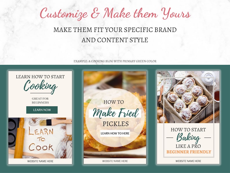 May include: Three social media post templates for a cooking blog. The first post is a light beige background with the text "Learn how to start cooking. Great for beginners. Learn now." and a photo of a wooden rolling pin and a wooden spoon on a white surface with flour. The second post is a light beige background with the text "How to make fried pickles. Learn how to here." and a photo of fried pickles. The third post is a light beige background with the text "How to start baking like a pro. Beginner friendly." and a photo of cinnamon rolls in a baking dish.