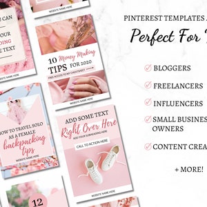 May include: Pink and white Pinterest templates with text that says "Pinterest Templates Are Perfect For You" and lists bloggers, freelancers, influencers, small business owners, and content creators.