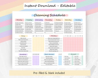 May include: A printable cleaning schedule with a pastel color scheme. The schedule includes daily, weekly, monthly, quarterly, semi-annual, and annual cleaning tasks. The tasks are organized by day of the week and frequency. The schedule includes a pre-filled version and a blank version.