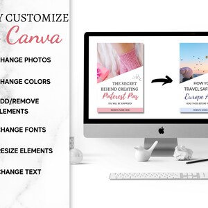 May include: A computer screen displaying two different ebook covers. The cover on the left is pink and features the text "The Secret Behind Creating Pinterest Pins". The cover on the right is blue and features the text "How You Can Travel Safely in Europe Alone".